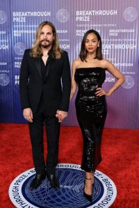 Marco Perego Saldaña and Zoe Saldana at the tenth Breakthrough Prize ceremony held at the Academy Museum of Motion Pictures on April 13, 2024 in Los Angeles, California. (Photo by Anna Webber/Variety via Getty Images)