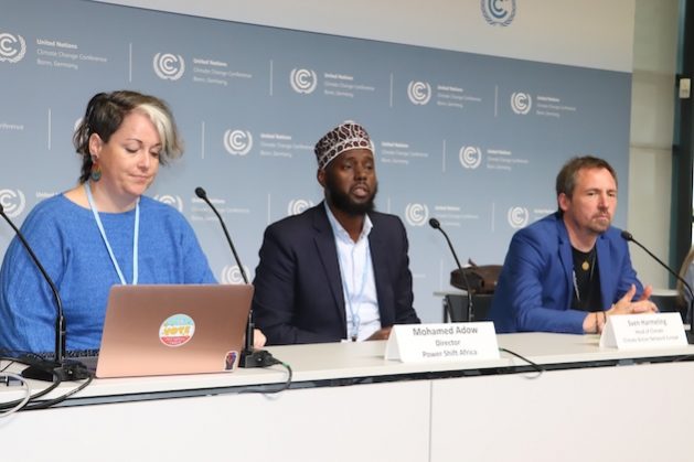 Activists at Bonn accuse developed countries of frustrating the process on climate finance. Pictured here are Danni Taaffe, Head of Communications at Climate Action Network (CAN), Mohamed Adow of Power Shift Africa and Sven Harmeling, Head of Climate at CAN. Credit: Isaiah Esipisu/IPS