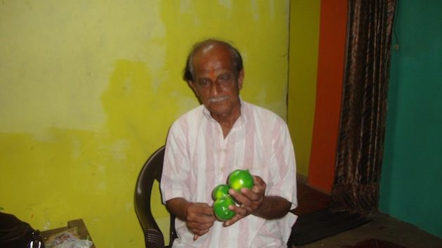 Shashikant Rane with his wooden fruits. Credit: Rina Mukherji/IPS